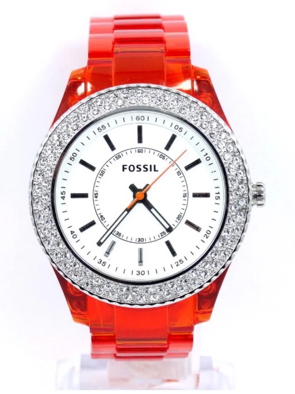 Fossil Stella Orange Red Acrylic Rhinestone Bezel Quartz Watch ES2453